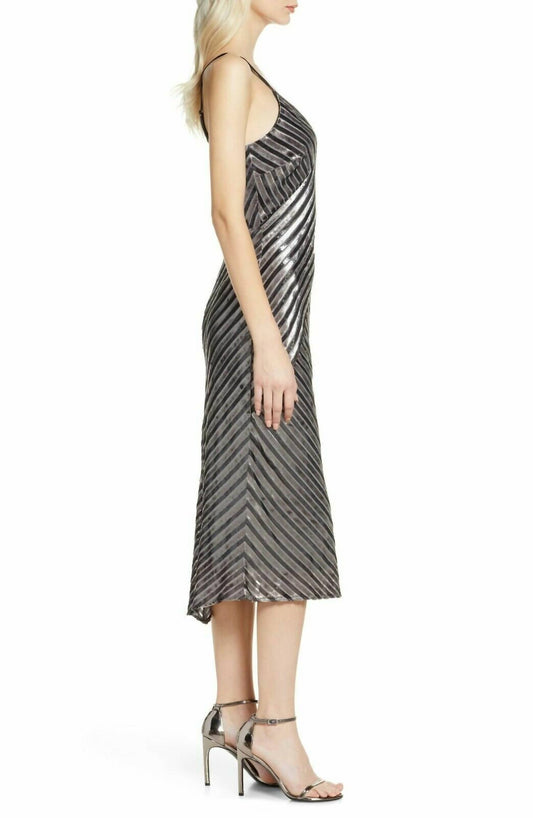 Harlyn - Metallic Stripes V Neck Cocktail Slip Midi Dress