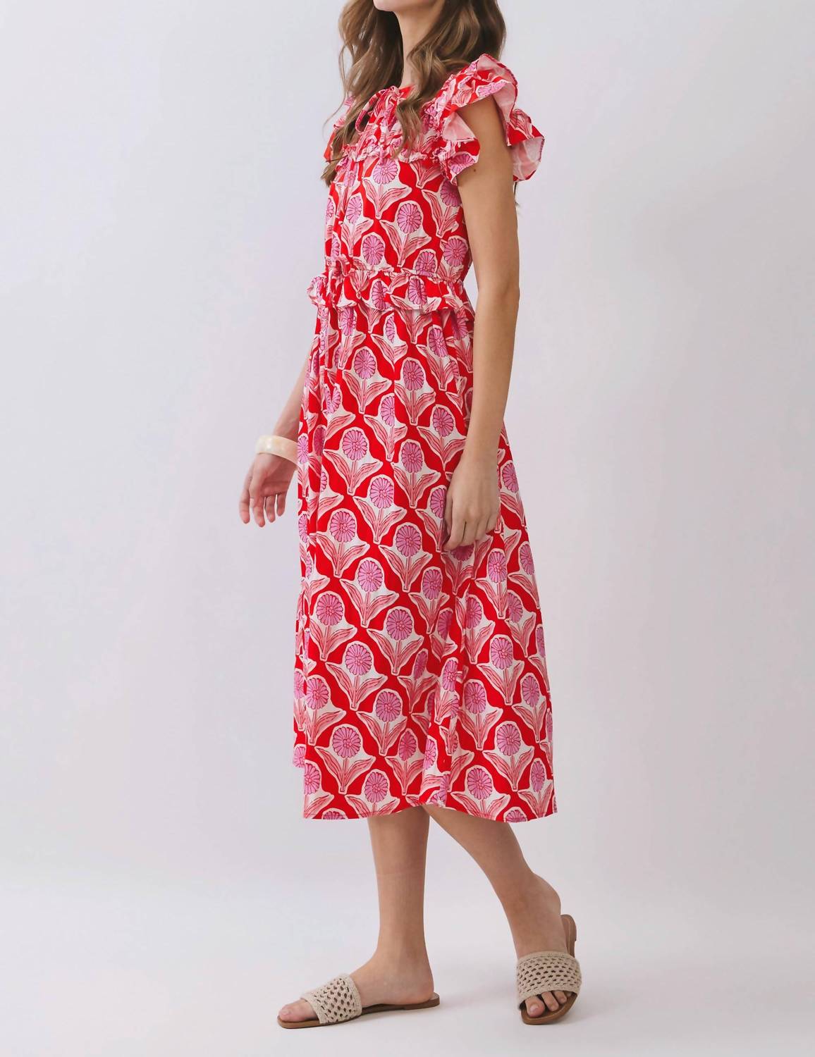 Tcec - Floral Ruffle Sleeves Midi Dress