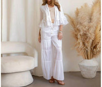 Young Threads Tiered Crochet Lace Shrug & High-waist Pant Set in white - women's sleepwear