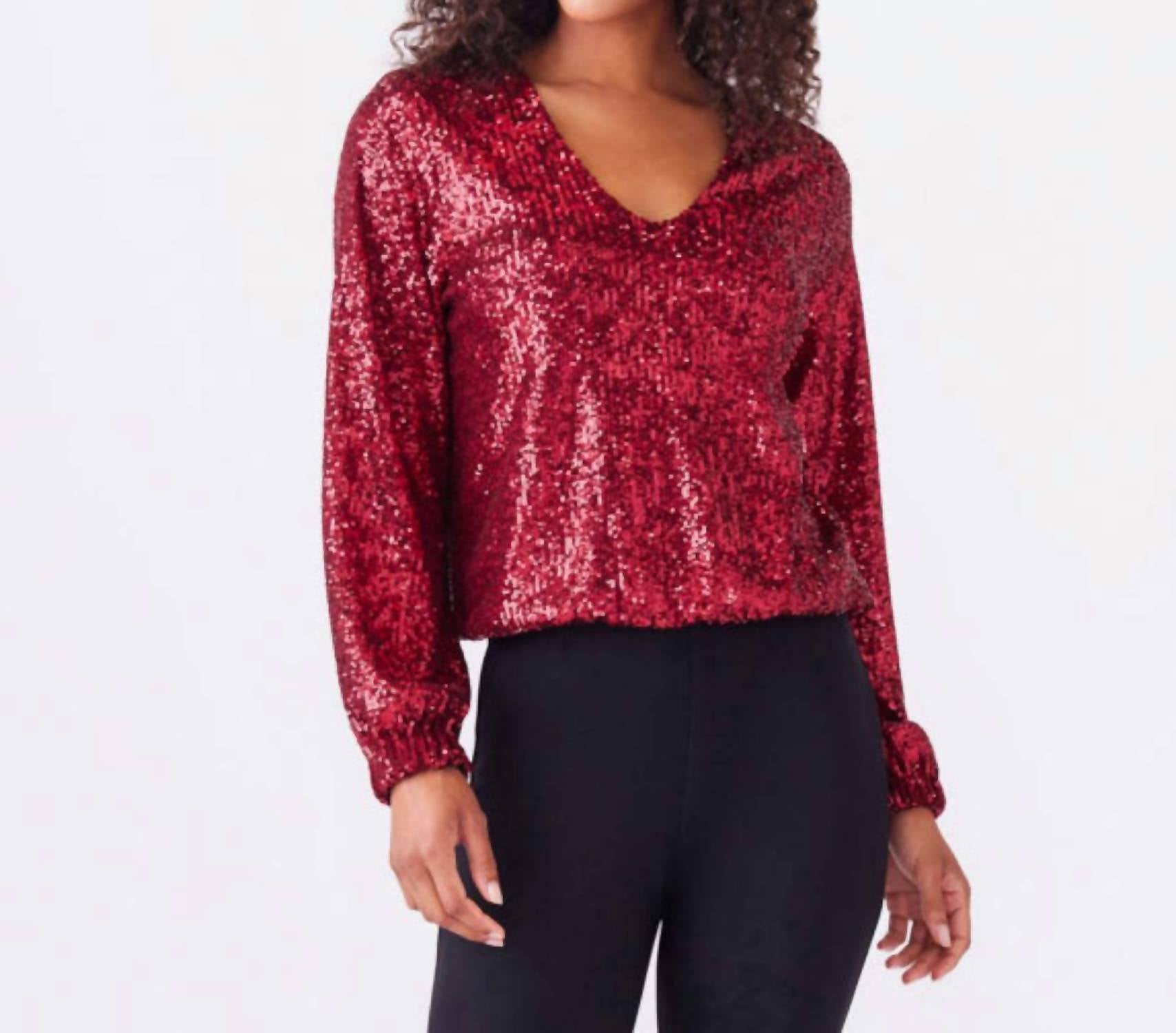 Karen Kane Blouson Sleeve Sequin V-Neck Top in ruby - women's blouse - alternate view