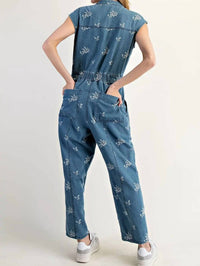 Ee:Some - Floral Embroidered Denim Cap Sleeve Jumpsuit