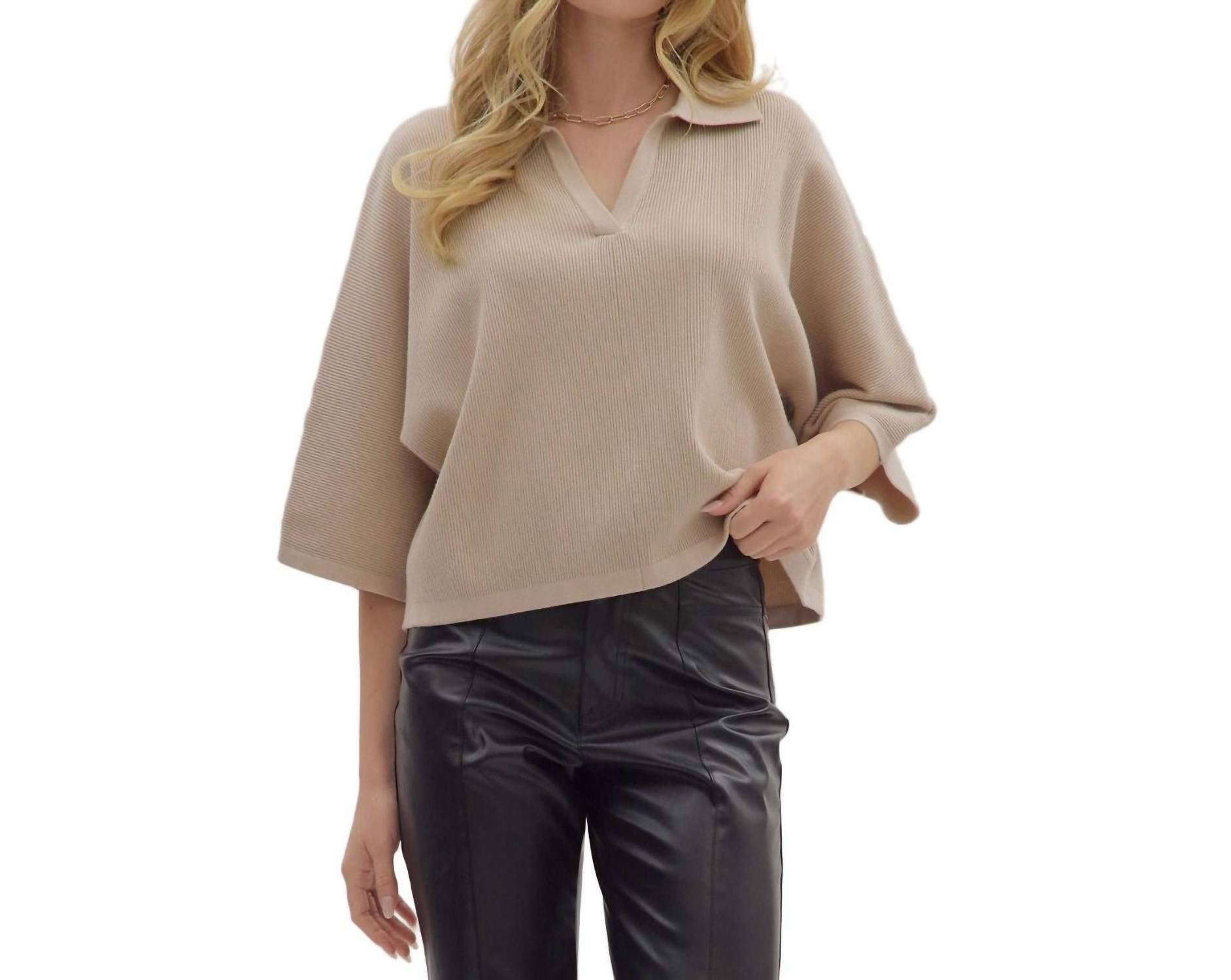 entro Solid 3/4 Sleeve V Neck Collar Knit Top in stone - women's sweater