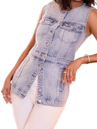 Tribal - Long Sleeveless Thread Button Front Denim Vest