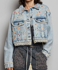 Pol - Shakira Beaded Boho Eyelet Lace Trim Crop Denim Swing Jacket