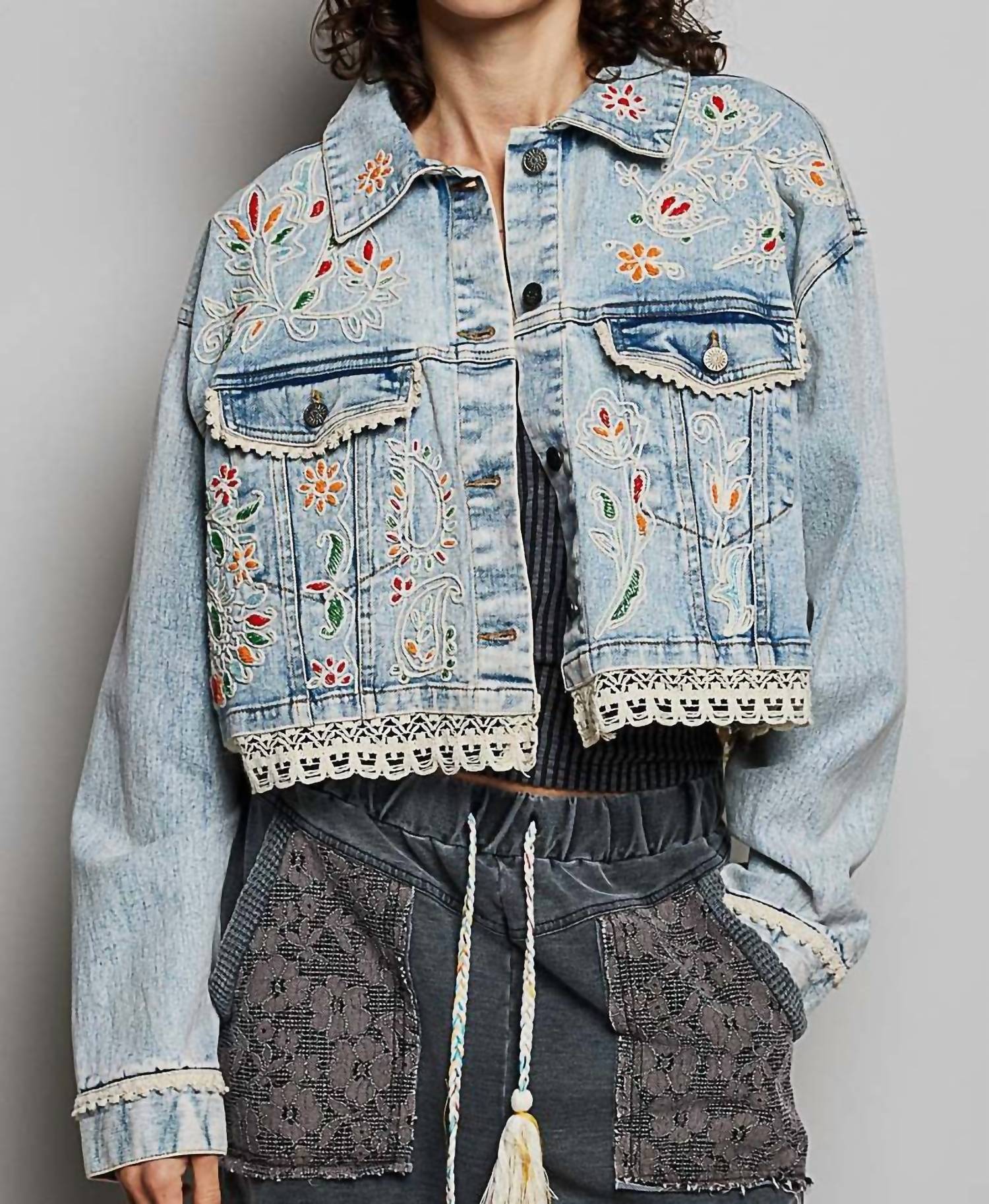 Pol - Shakira Beaded Boho Eyelet Lace Trim Crop Denim Swing Jacket