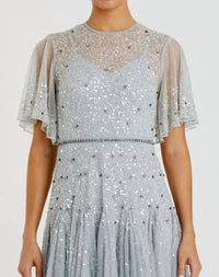 Mac Duggal - Cape Sleeve Beaded Tea Length Aline Gown