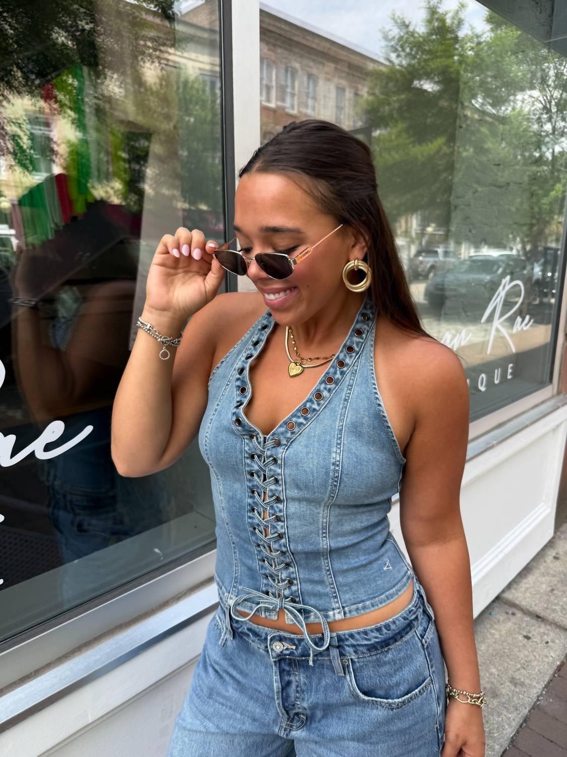 Hidden - Lace Up Denim Halter Top