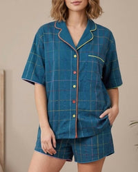 QUEEN OF SPARKLES Rhinestone Plaid Pajamas Set in teal - women's sleepwear