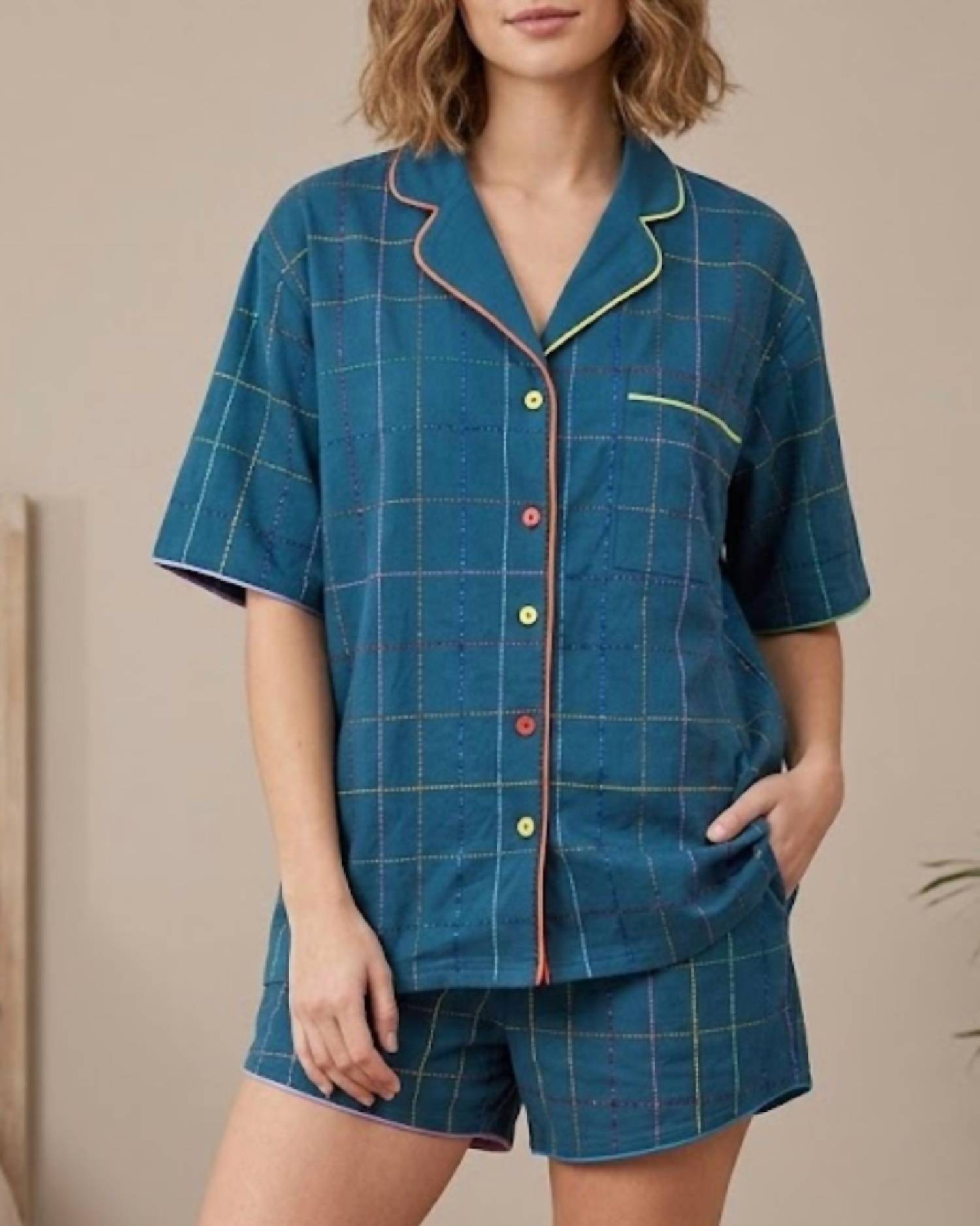 QUEEN OF SPARKLES Rhinestone Plaid Pajamas Set in teal - women's sleepwear