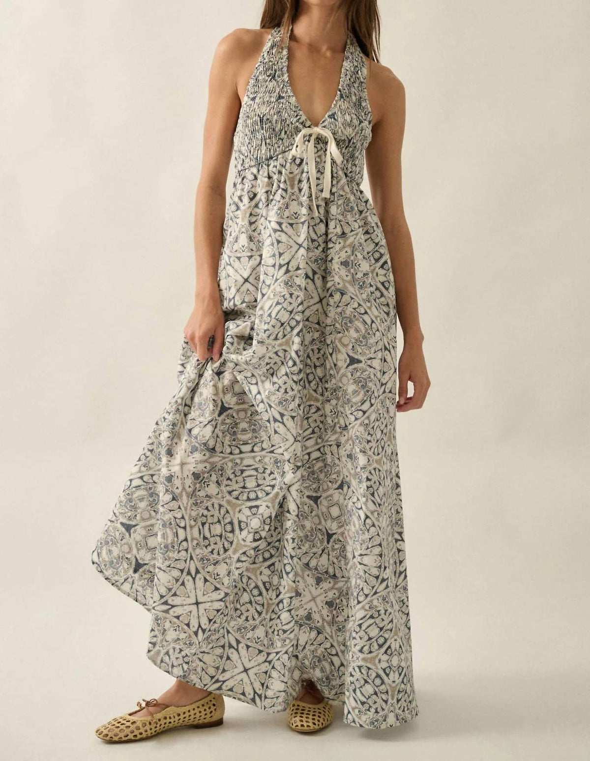 Promesa - Abstract Floral Smocked Halter Maxi Dress