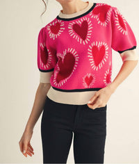 Jodifl Short Puff Sleeves Lovely Heart Sweater Top in hot pink - women's sweater - detail view