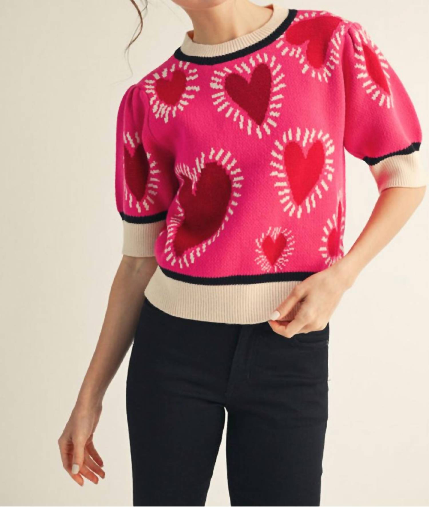 Jodifl Short Puff Sleeves Lovely Heart Sweater Top in hot pink - women's sweater - detail view