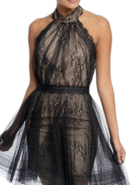 LUXXEL Evelyn Mini Dress in black and nude - women's dress - detail view