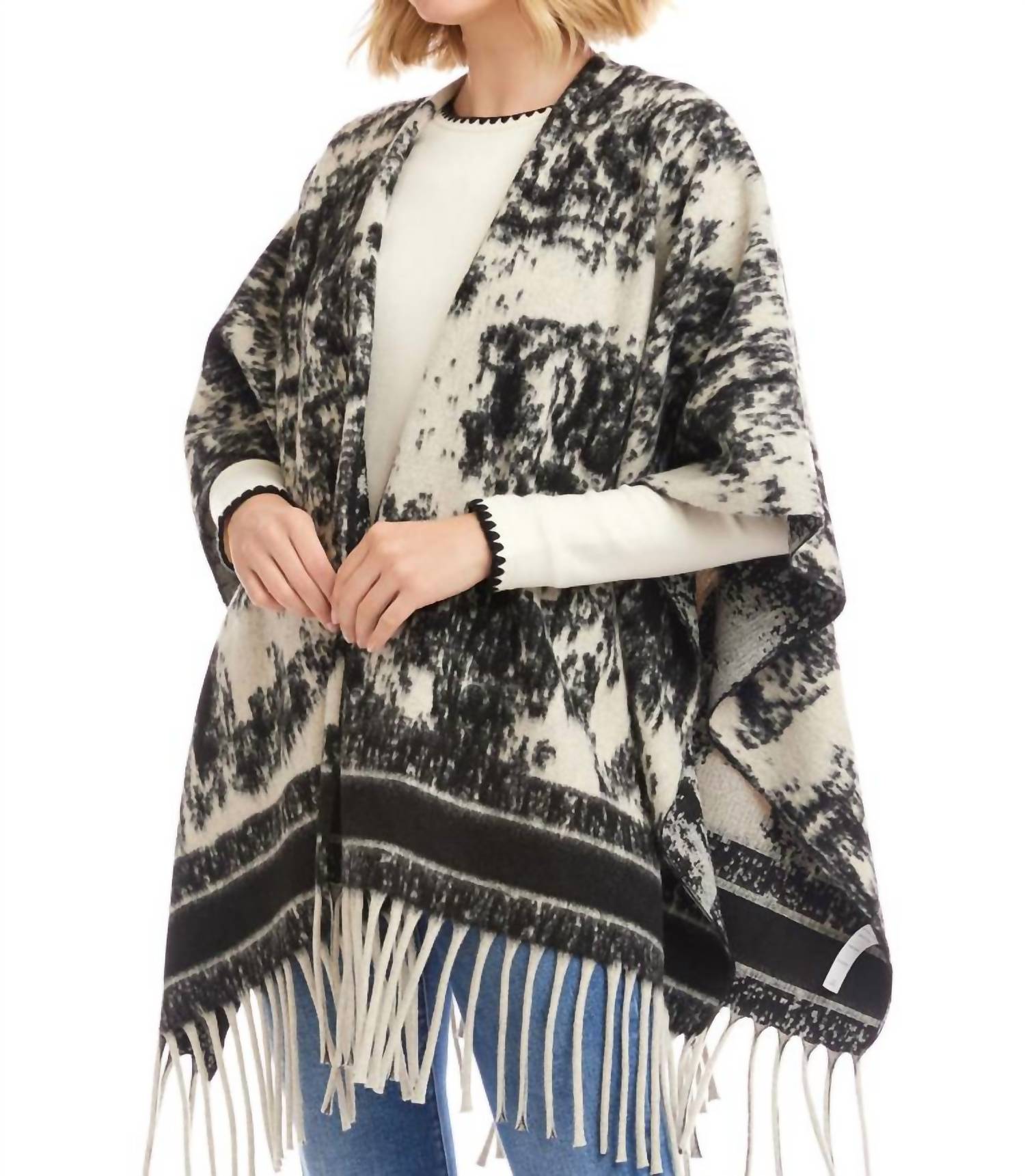 Karen Kane - Brushed Jacquard Knit Fringe Poncho