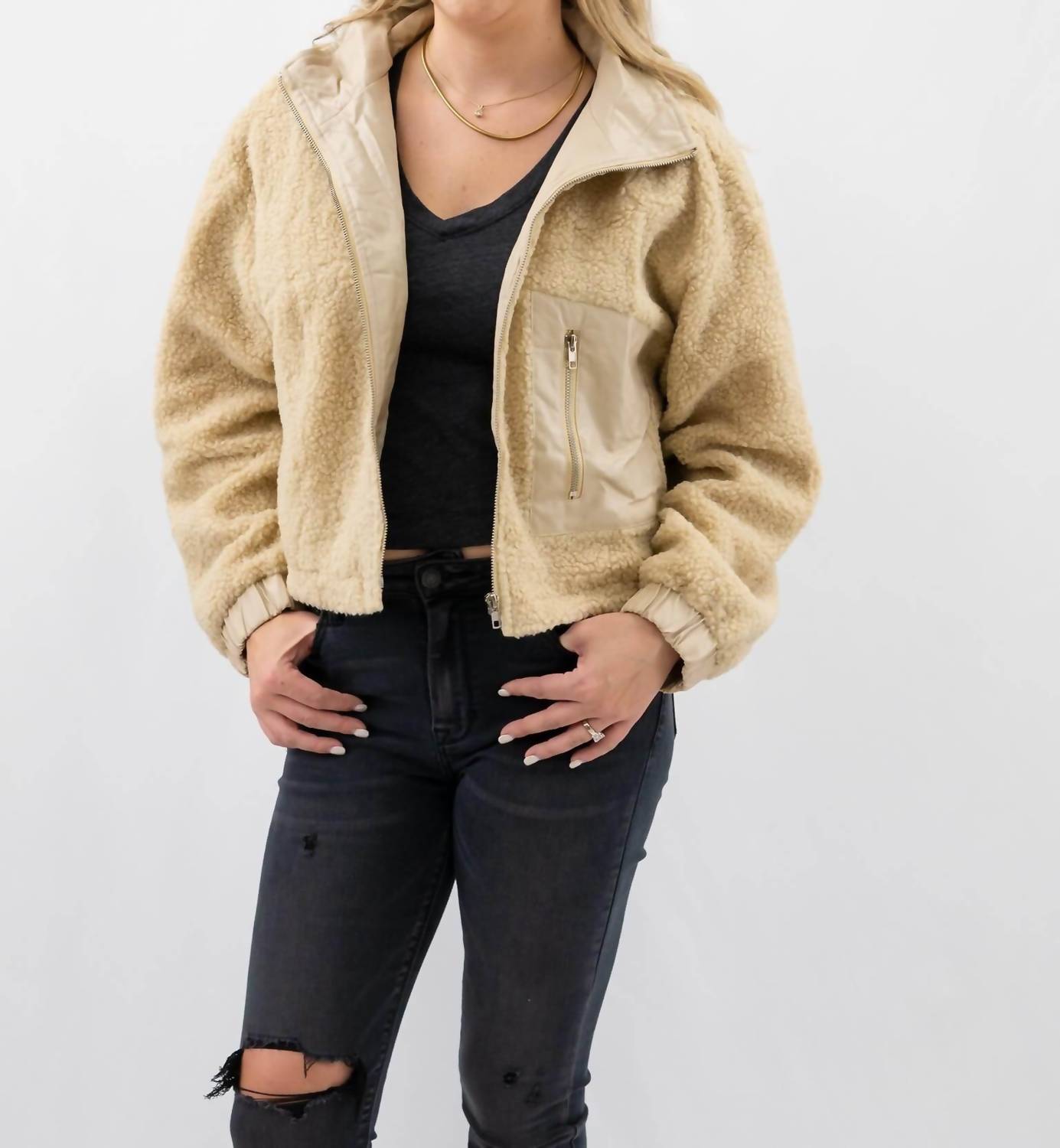 Hyfve - Faux Leather Collar Sherpa Crop Jacket