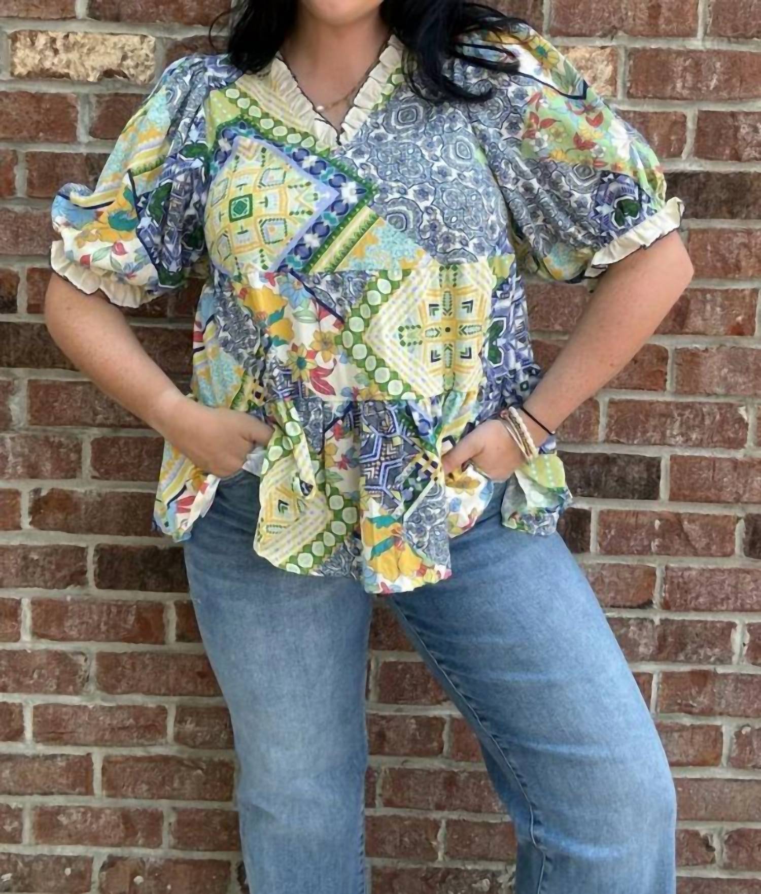 Easel - Patchwork Print Top