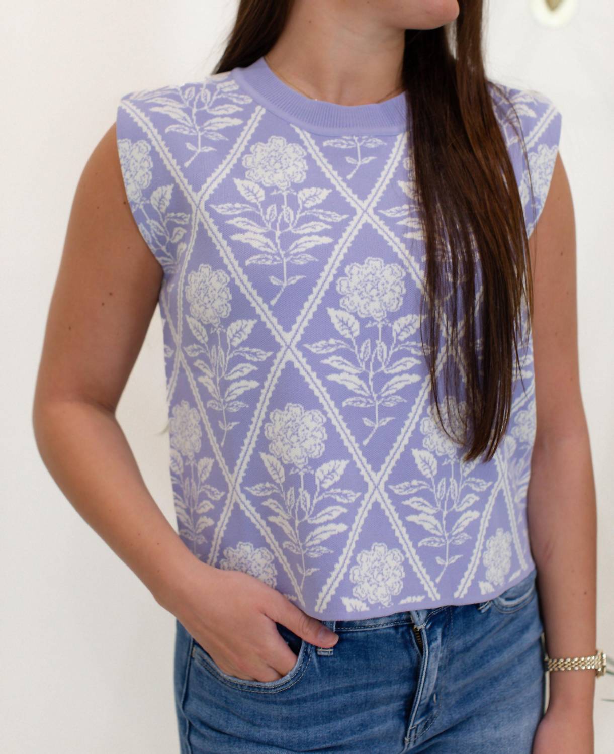 entro Textured Diamond Knit Sleeveless Top in periwinkle - women's sweater - detail view