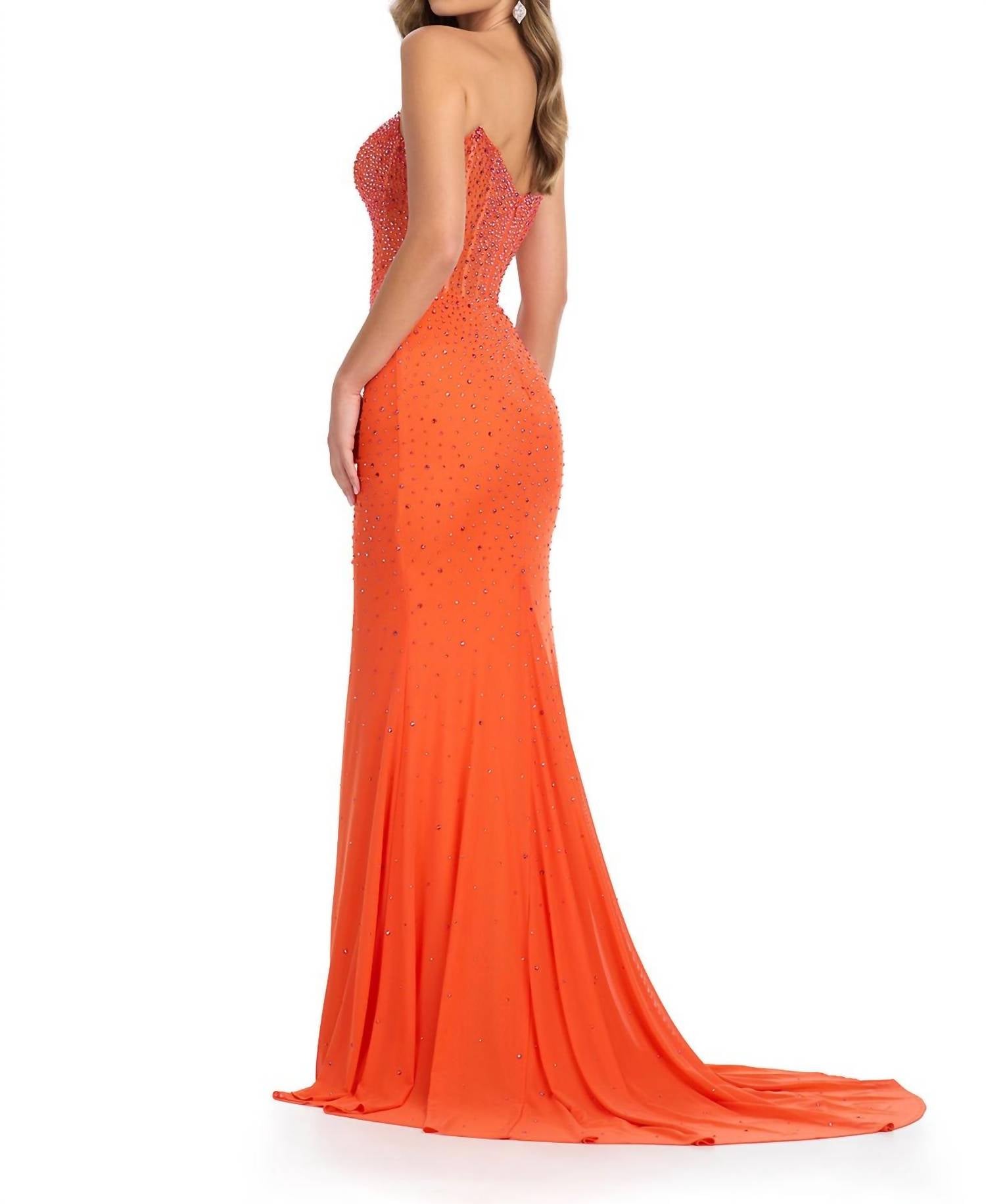 ASHLEYlauren Strapless Gown With Stones And Slit in orange - women's dress - detail view
