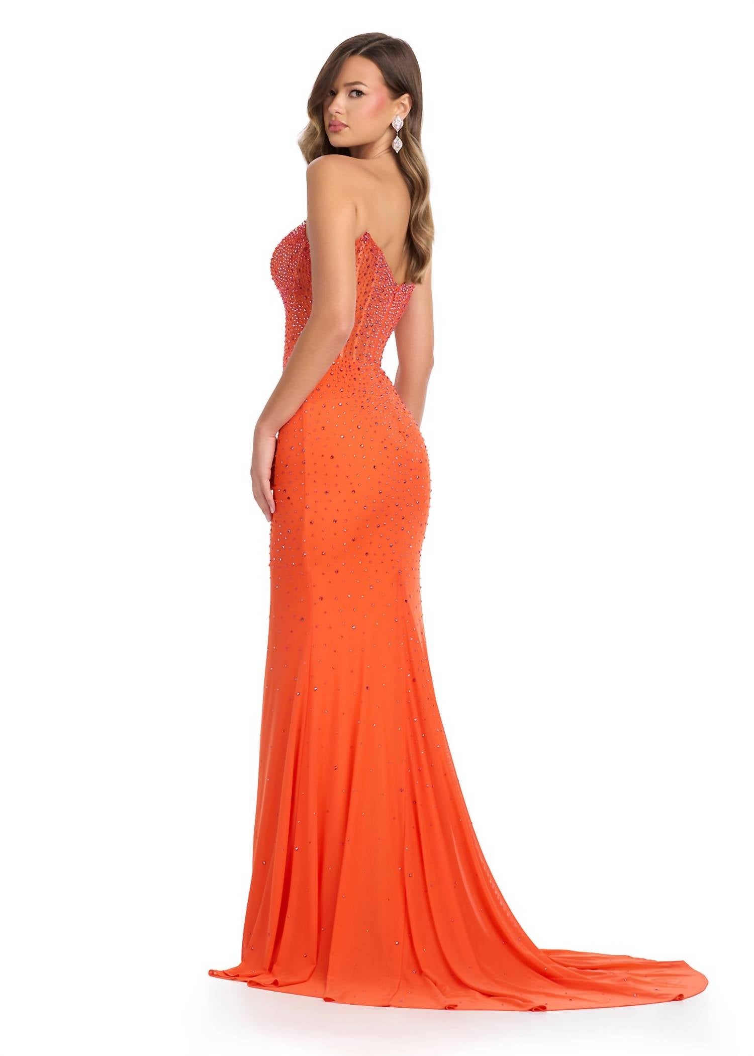 ASHLEYlauren Strapless Gown With Stones And Slit in orange - women's dress - alternate view
