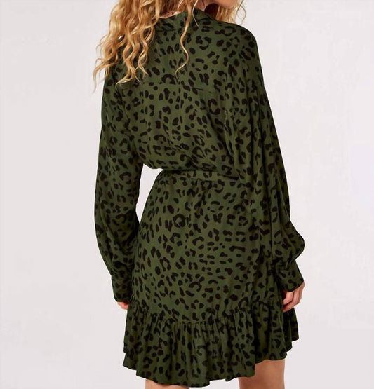 Apricot - Leopard Ruffle Hem Belted Waist Shirt Dress