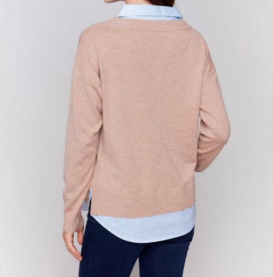 Charlie B - V-Neck Fooler Sweater with Shirt Collar