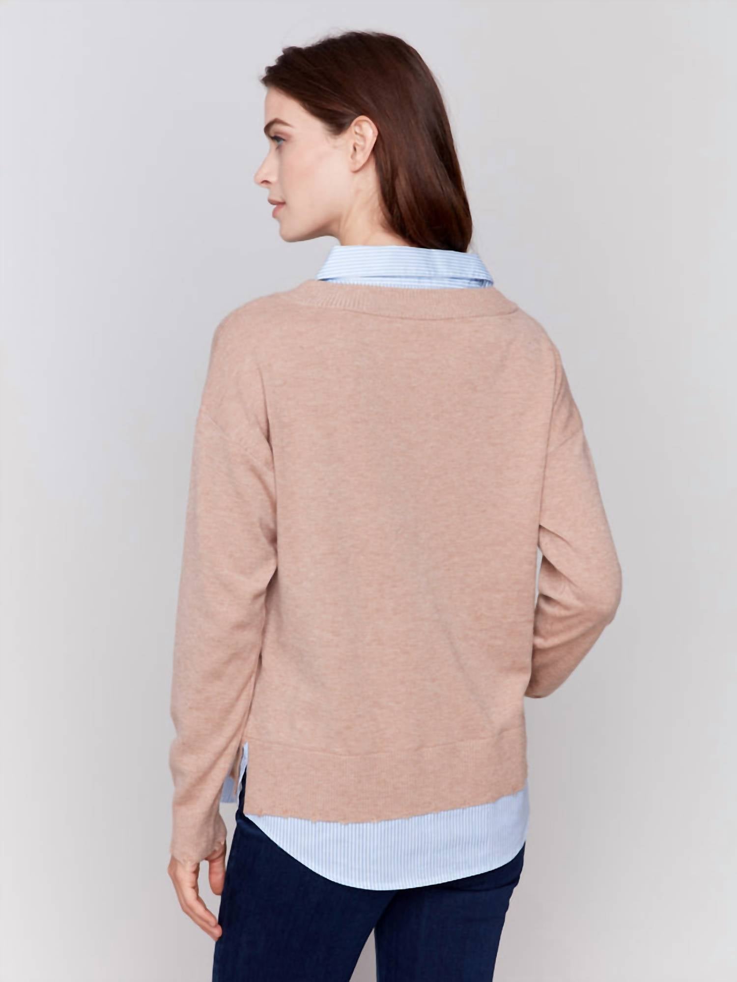 Charlie B - V-Neck Fooler Sweater with Shirt Collar