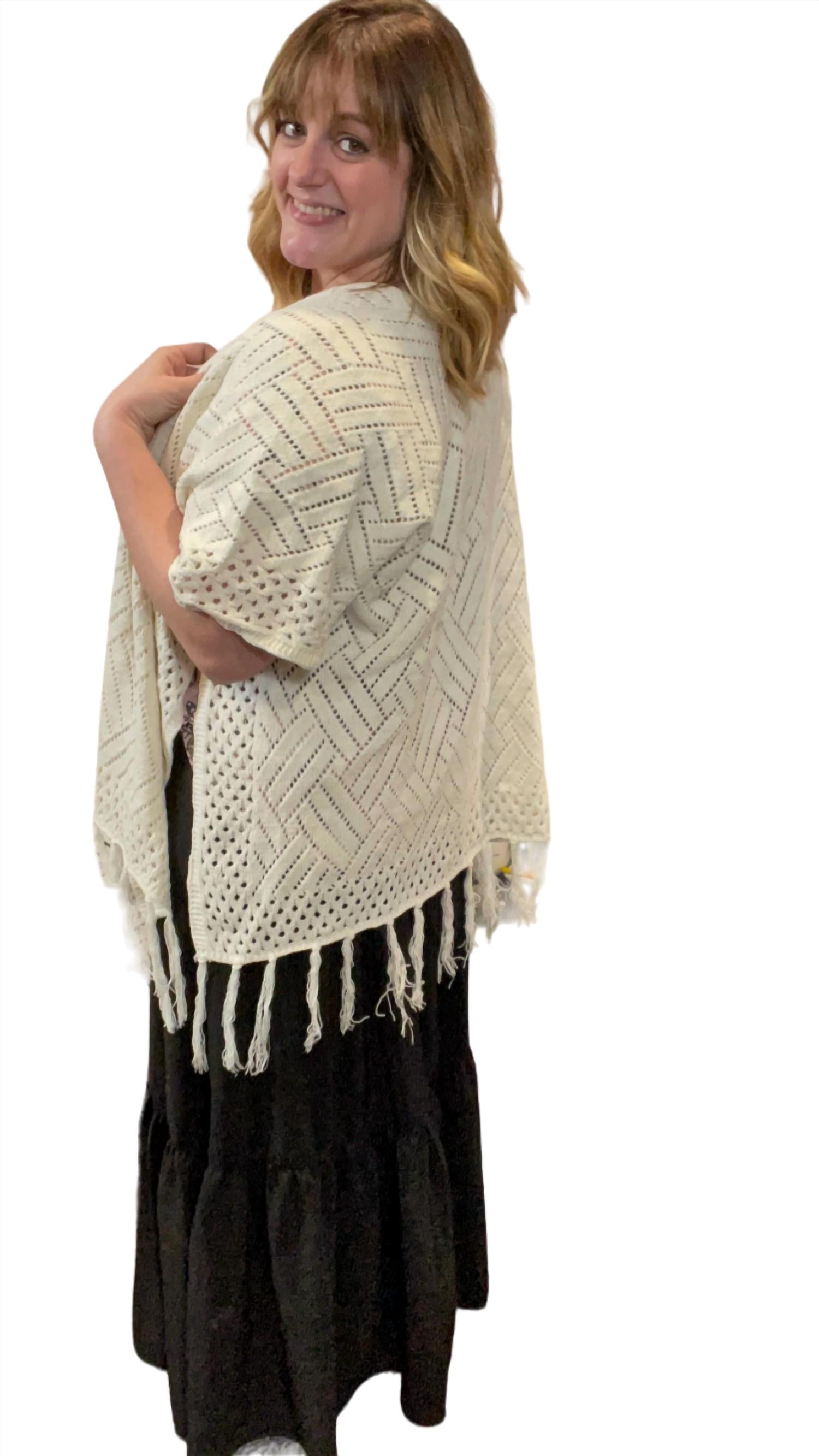 Ee:Some - Fringed Crossed Shawl Cardigan