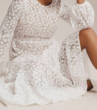 DRESS THE POPULATION Lyra Puff-sleeve Tiered Embroidered Gown in white - women's dress - detail view