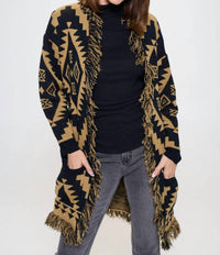 Reneec. - Tribal Print Cardigan with Fringe Detail and Tie