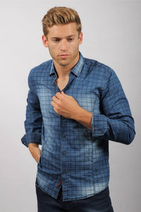 Eight X - Checkered Stone Wash Button Down Denim Shirt