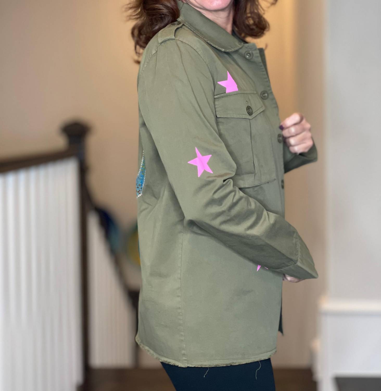 Moving Forward - Army Shacket with Rhinestone Peace Sign