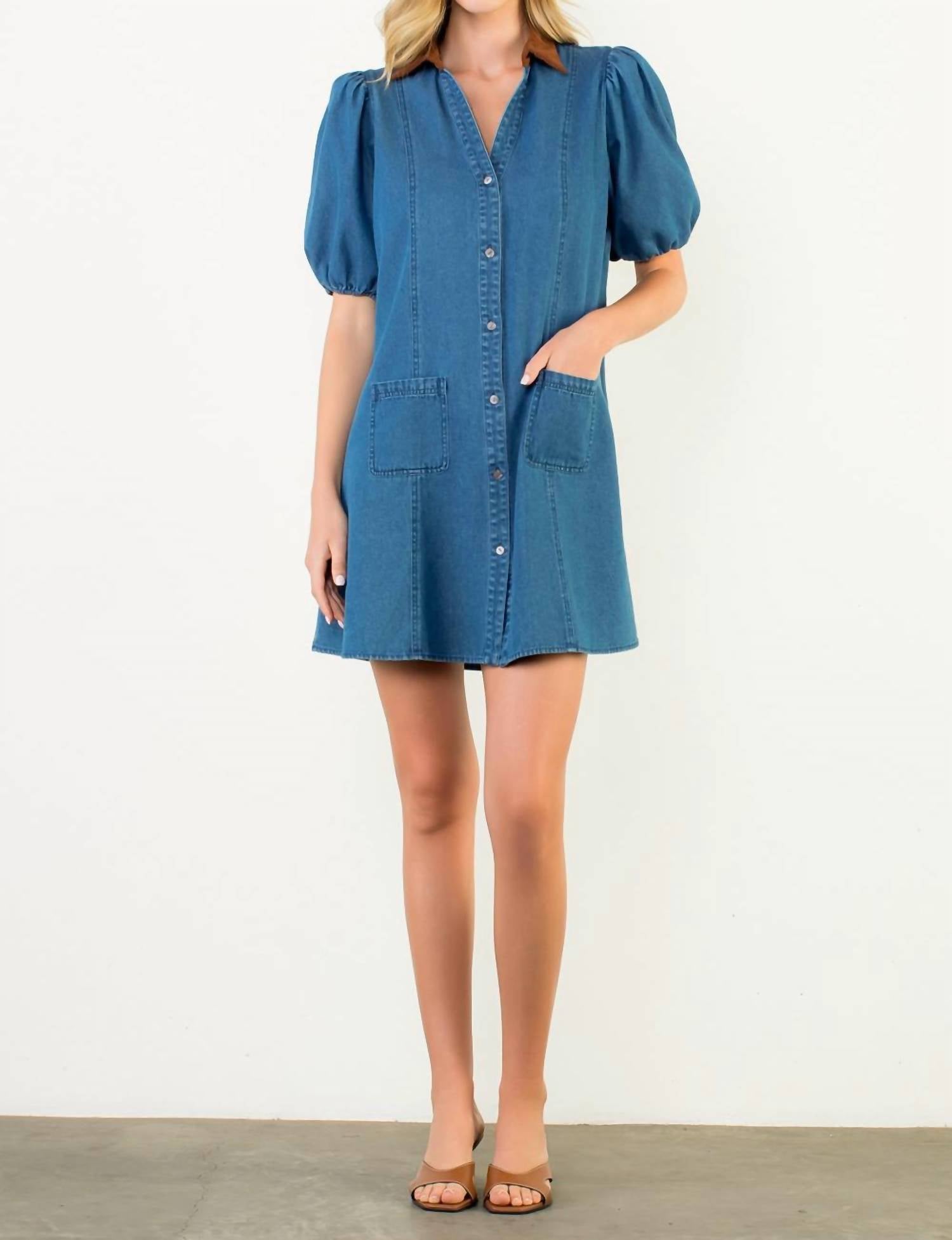 THML Mixed Media Denim Dress in blue - women's dress