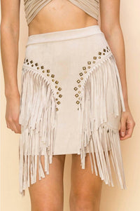 Veveret - Studded Suede Fringe Mini Skirt