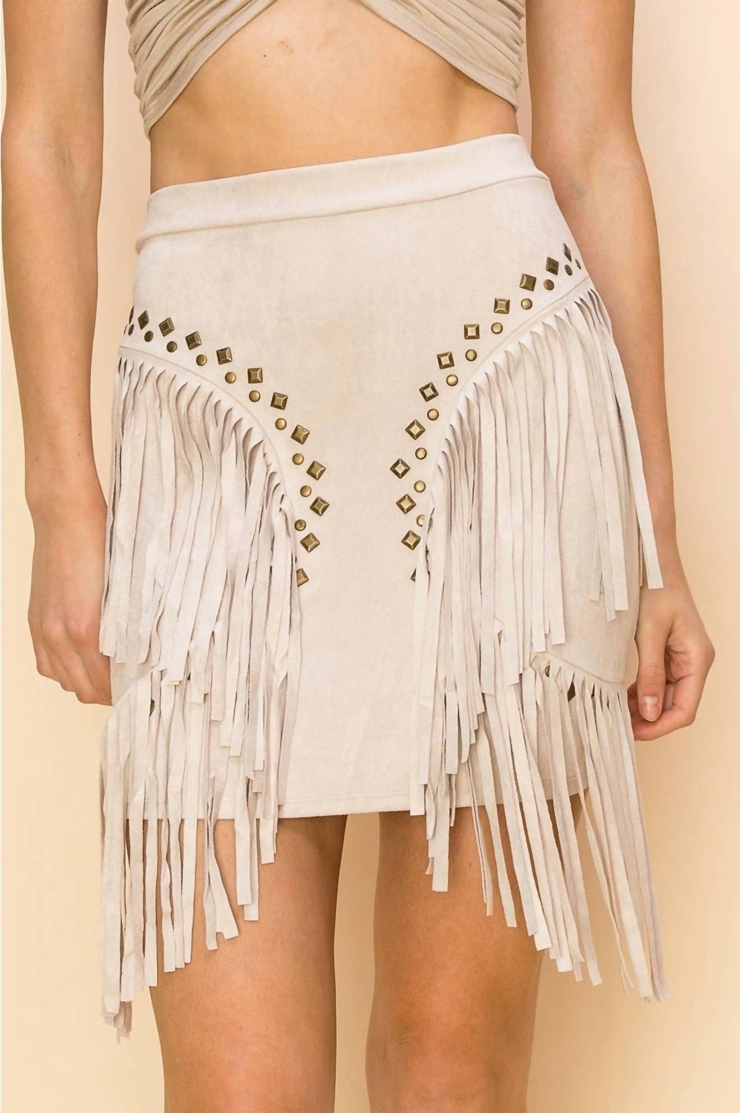 Veveret - Studded Suede Fringe Mini Skirt