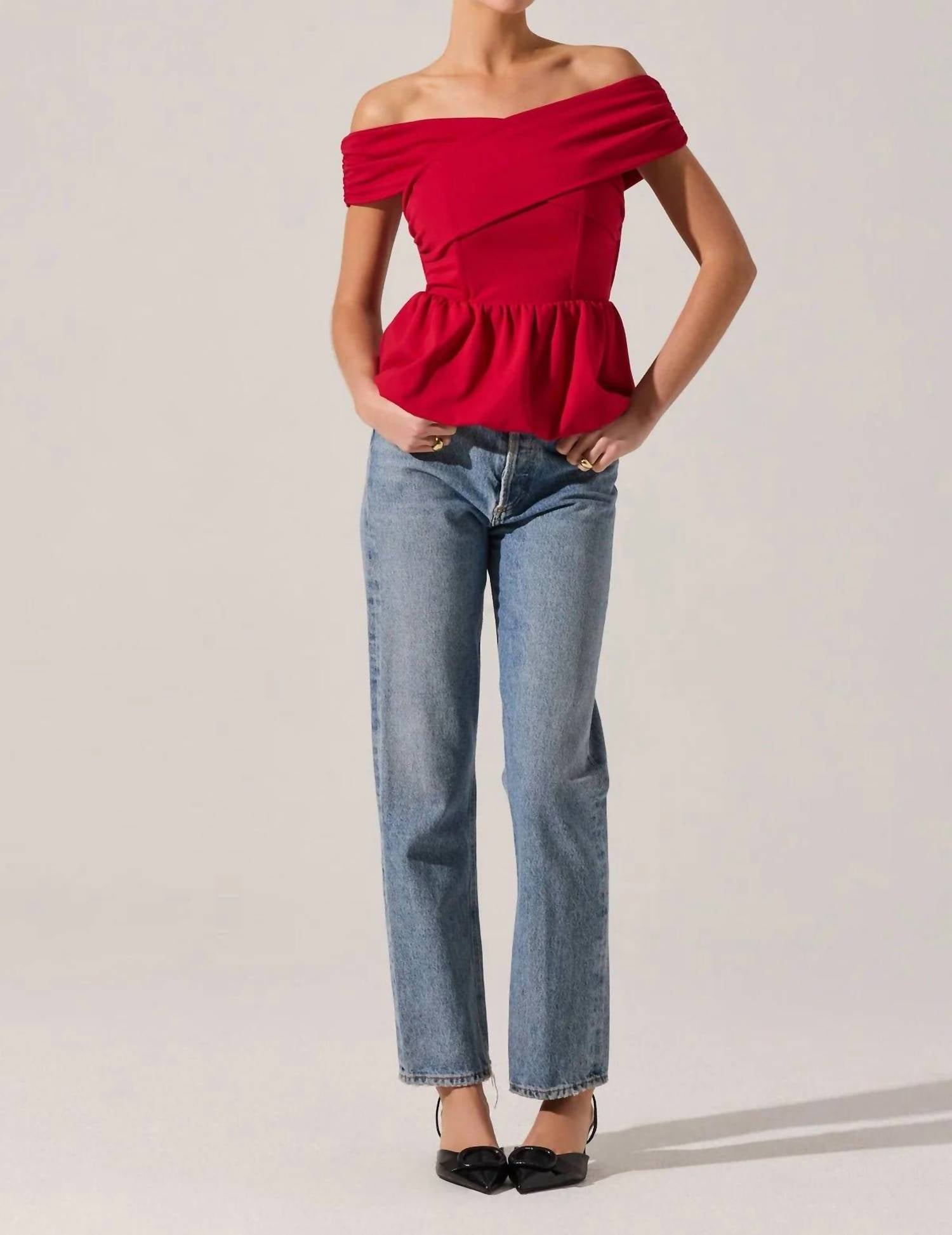 ASTR Tennille Off Shoulder Peplum Top in red - women's shirt