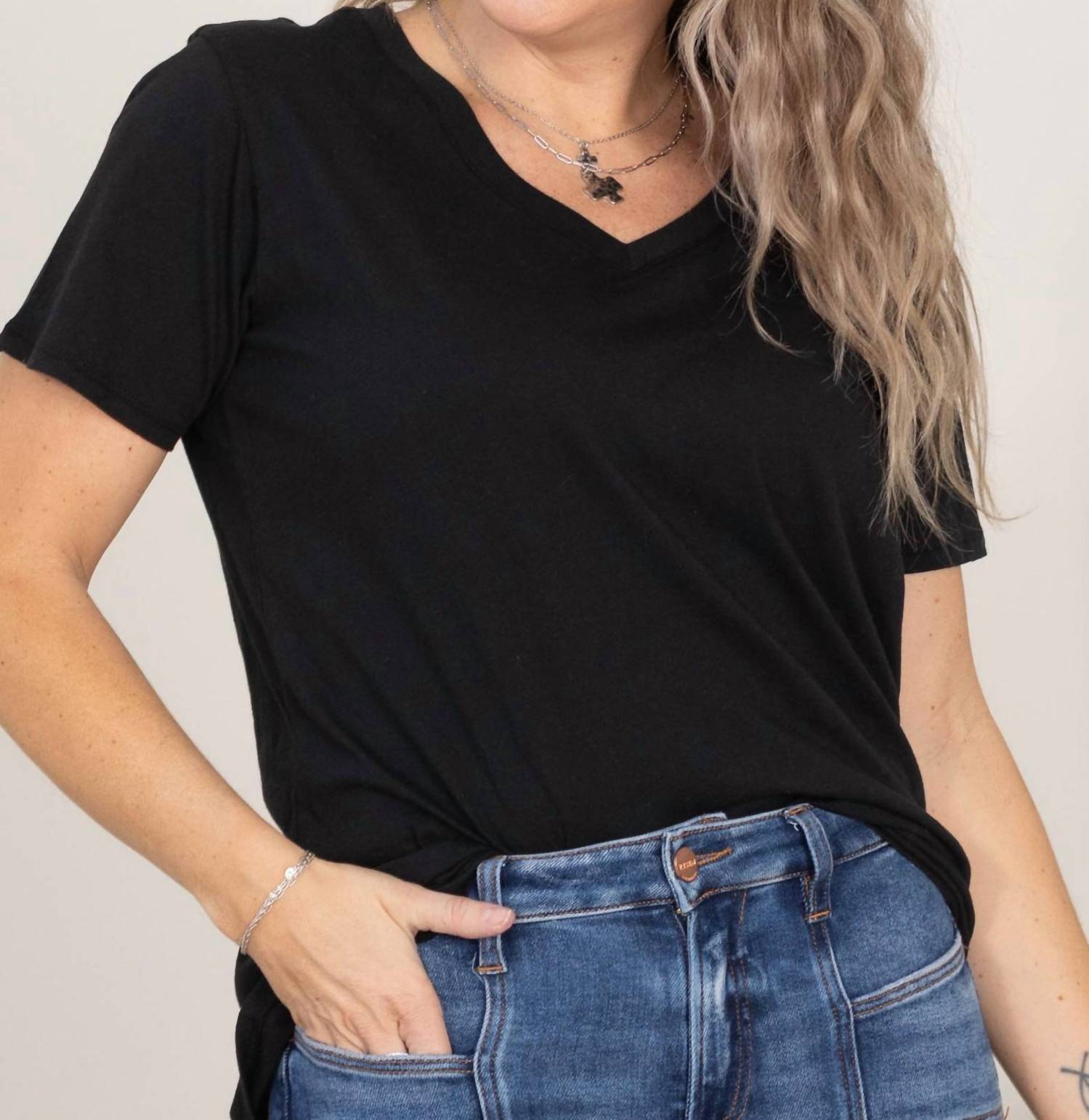 ZENANA Cotton Short Sleeve Boyfriend V-neck Tee in black - women's t-shirt