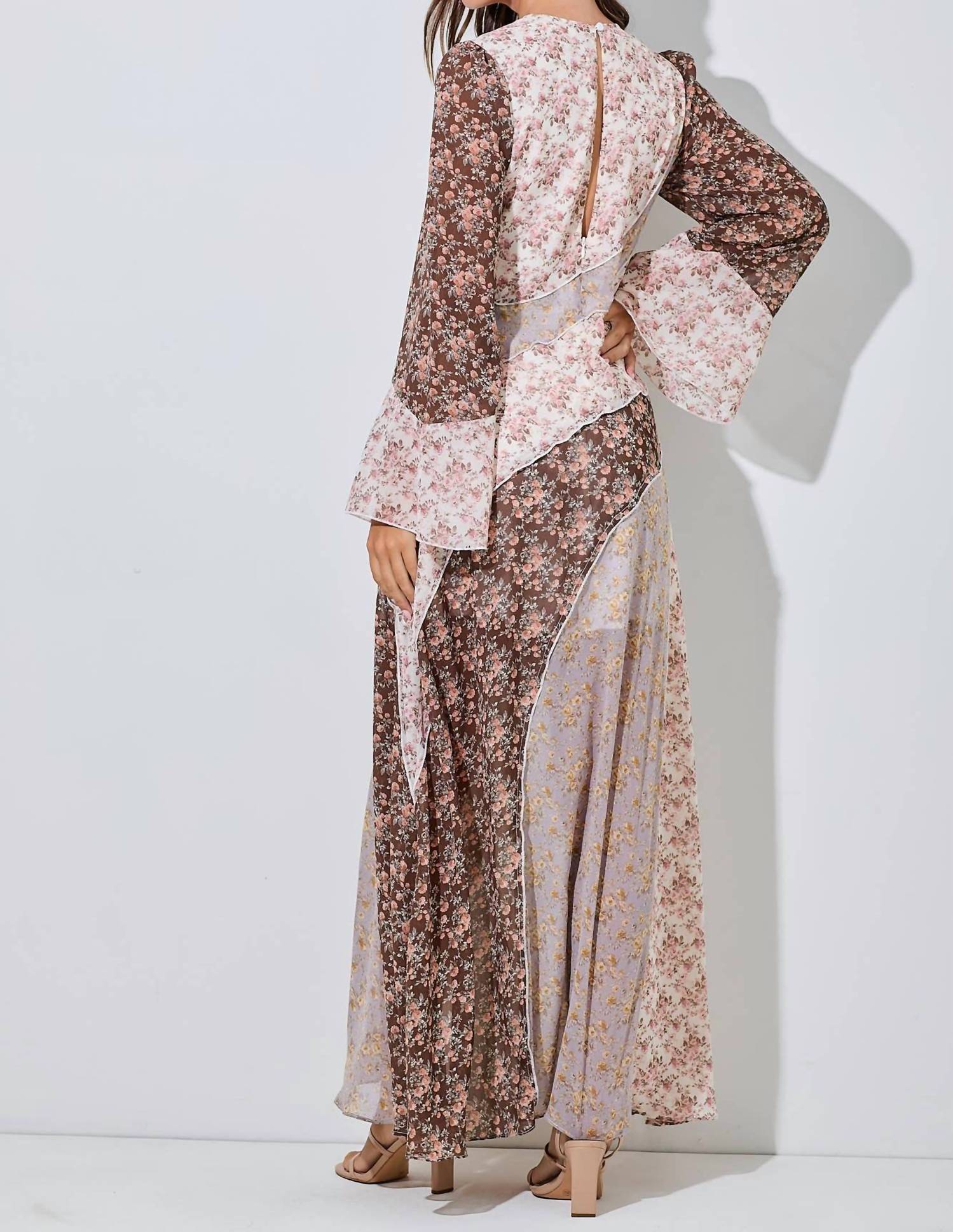 Baevely by Wellmade Floral Chiffon Ruffle Maxi Dress in multi colored - women's dress - detail view