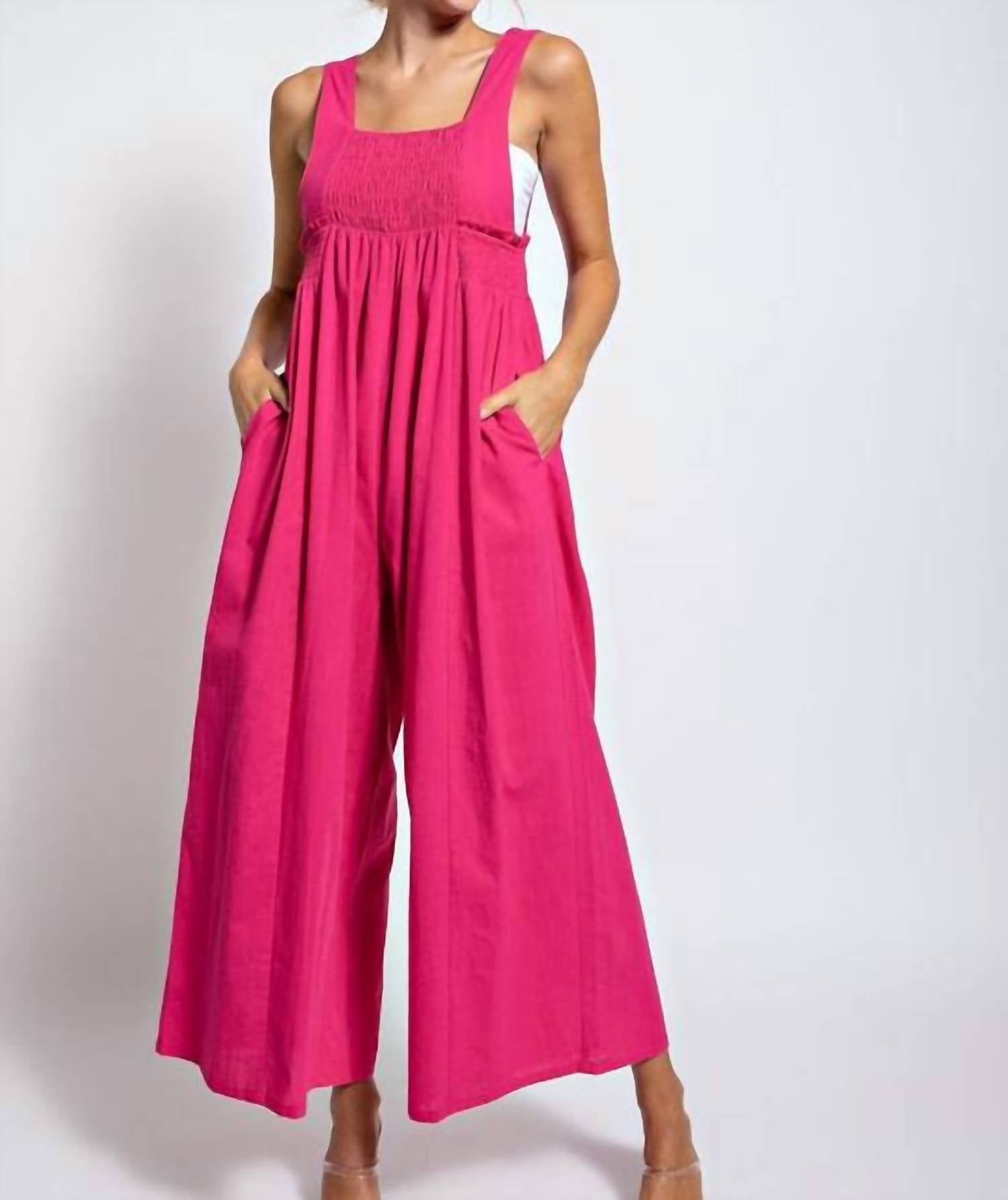 LLOVE Smocked Jumpsuit in hot pink - women's pants
