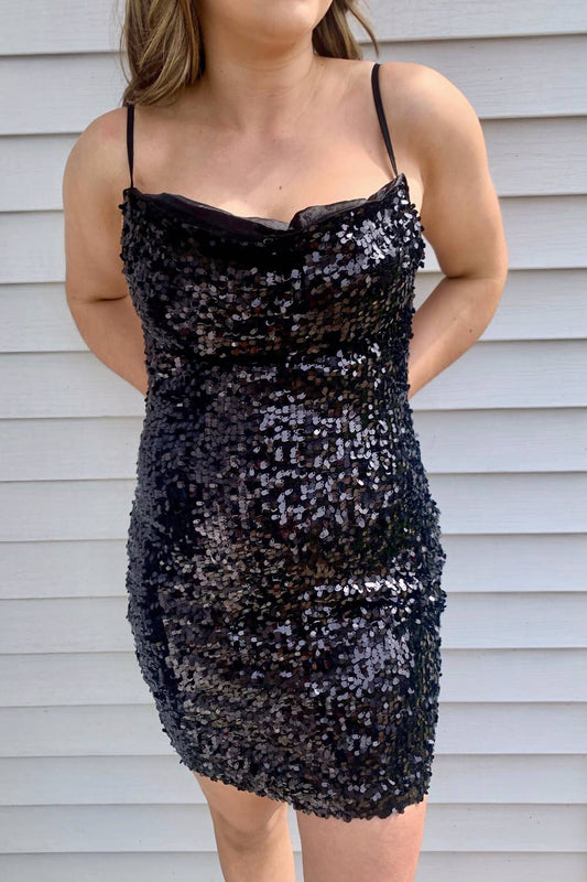 Black Sequin Cowl Neck Mini Dres