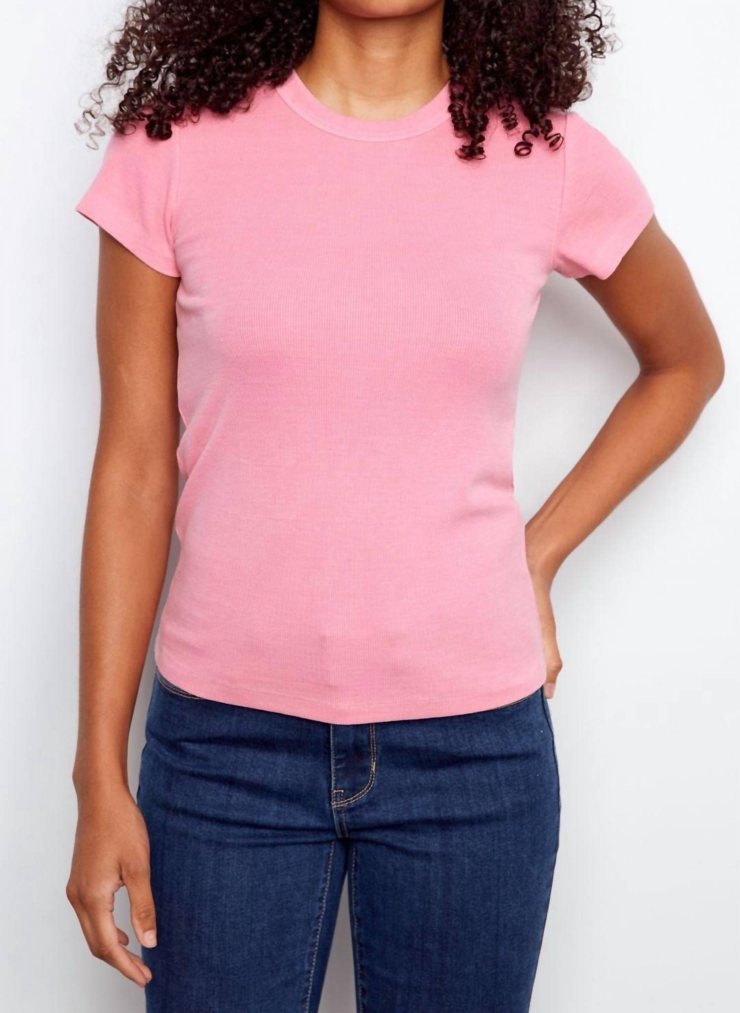 CHARLIE B Tencel Ribbed Crew Neck Tee in candy pink - women's t-shirt