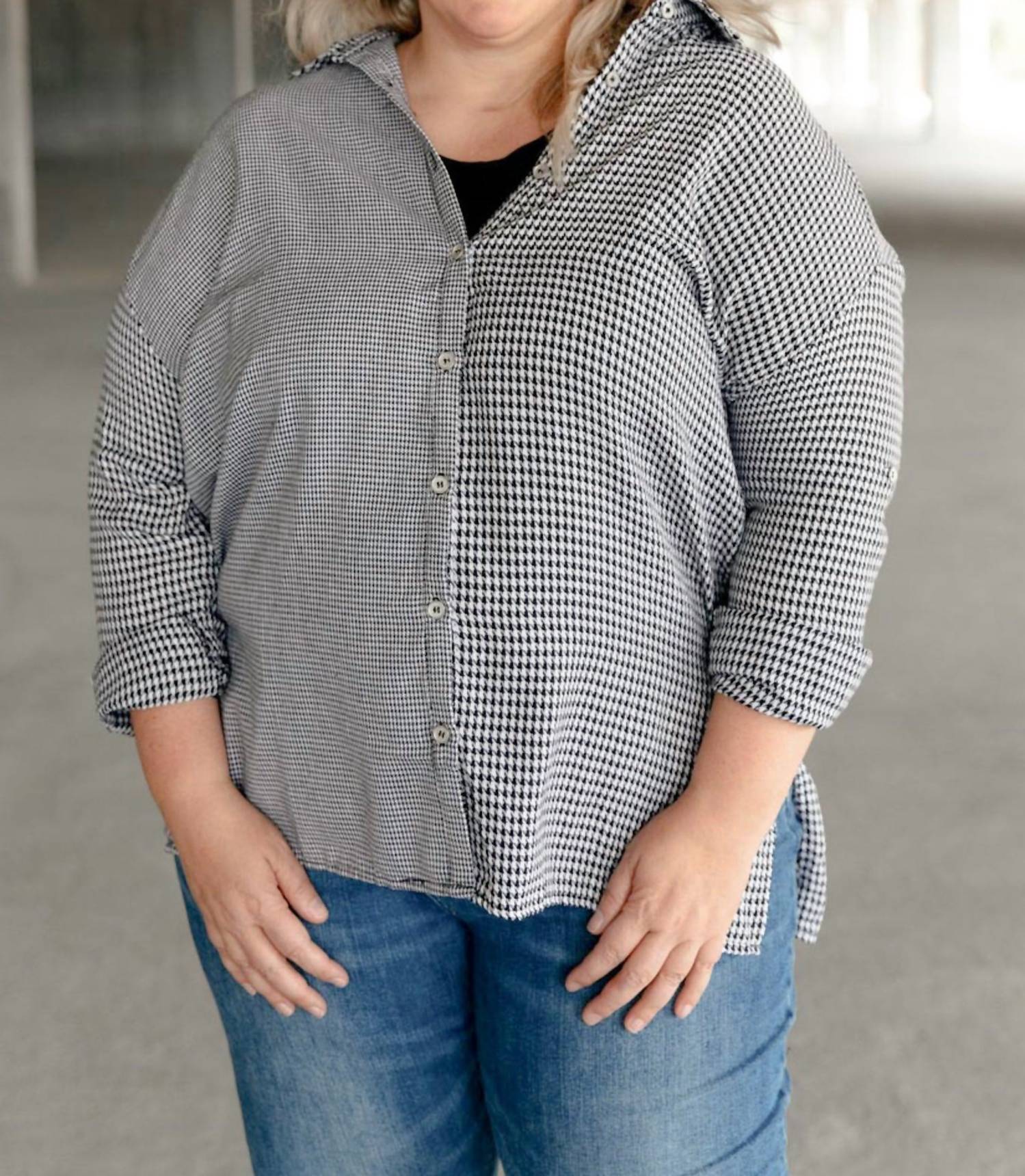 Andree By Unit - Mixed Houndstooth Button Up Top
