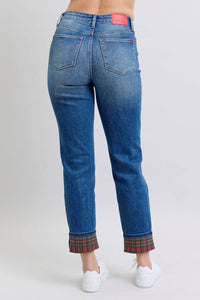 Judy Blue - Mid Rise Plaid Print Cuff Boyfriend Jean