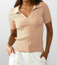 Urban Daizy - Rib Knit Wing Collar Short Sleeve Top