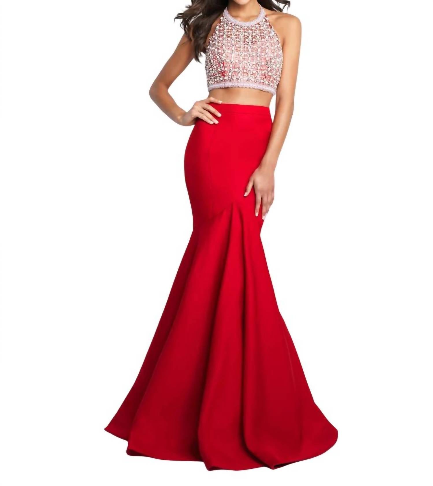 Blush Prom - Soft Mikado Beaded Halterneck Two Piece Mermaid Gown