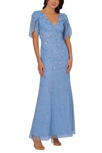 Adrianna Papell - V-neckline Tulip Sleeves Maxi Mermaid Dress