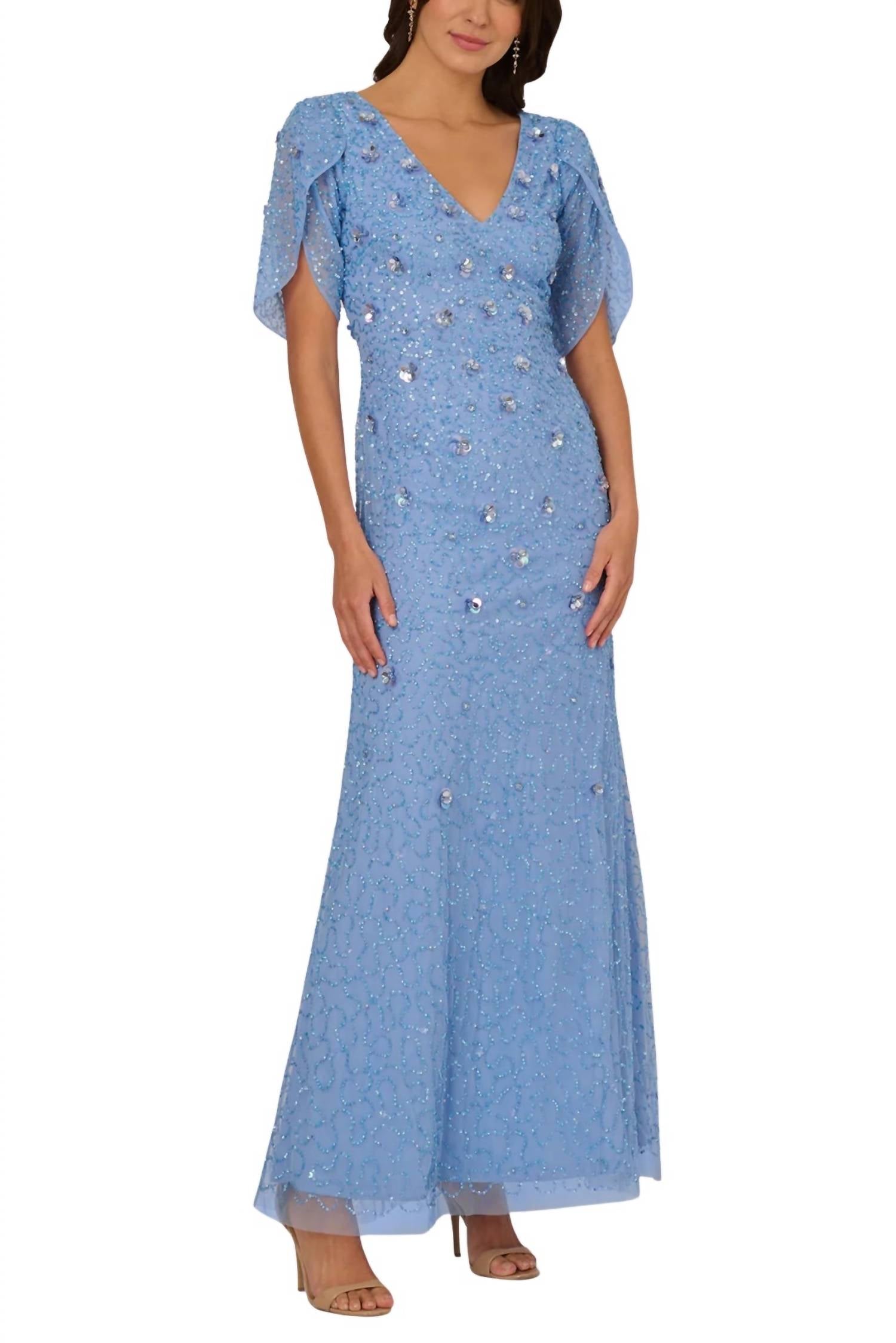 Adrianna Papell - V-neckline Tulip Sleeves Maxi Mermaid Dress