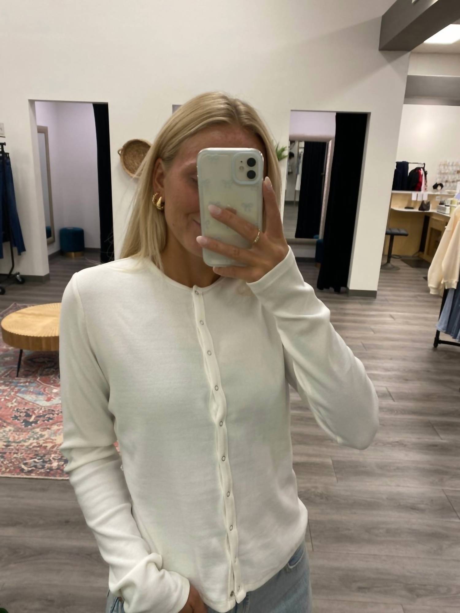 WISHLIST Ribbed Button-up Knit Top in off white - women's long sleeve top - detail view