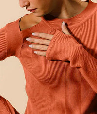 So Me Rib Knit Top in rust - women's long sleeve top - detail view