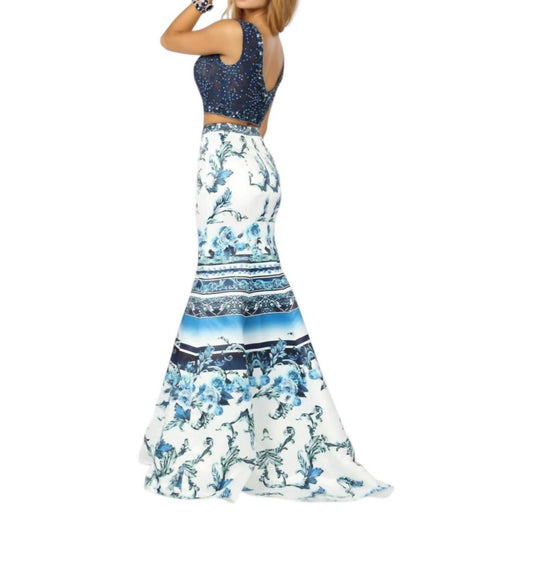 Karishma Creations - Two-piece Beaded Tulle And Printed Matte Satin Gown