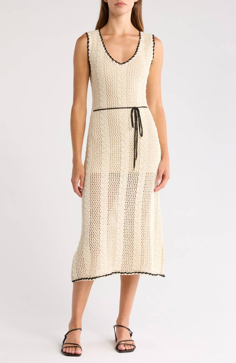 Elan Women's Crochet Sleeveless Tassel-Tie Midi Dress - Natural/black
